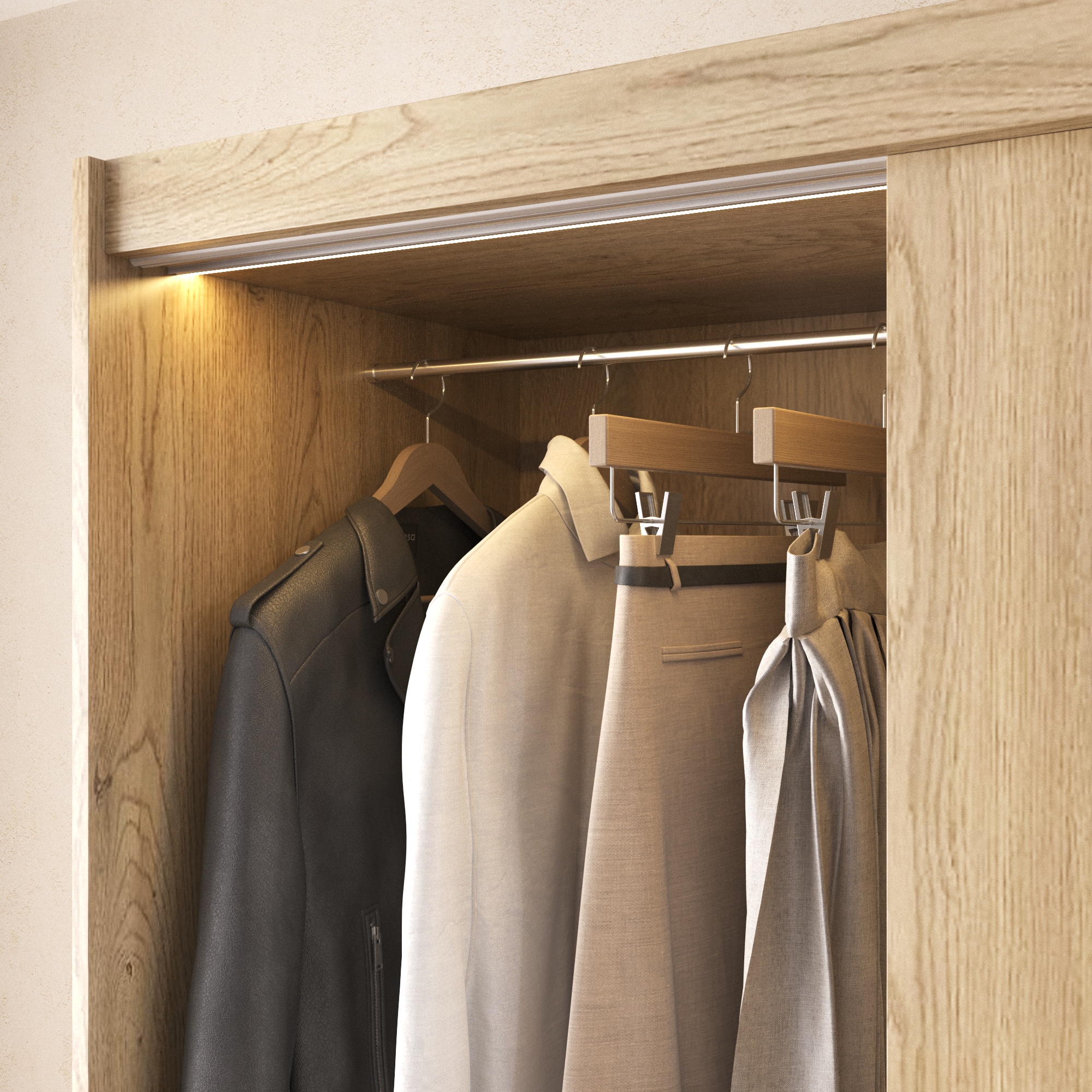 Szafa przesuwna ADAPTE 140 / 215 z półkami i drążkami - Dąb bielony Detal_oswietlenia