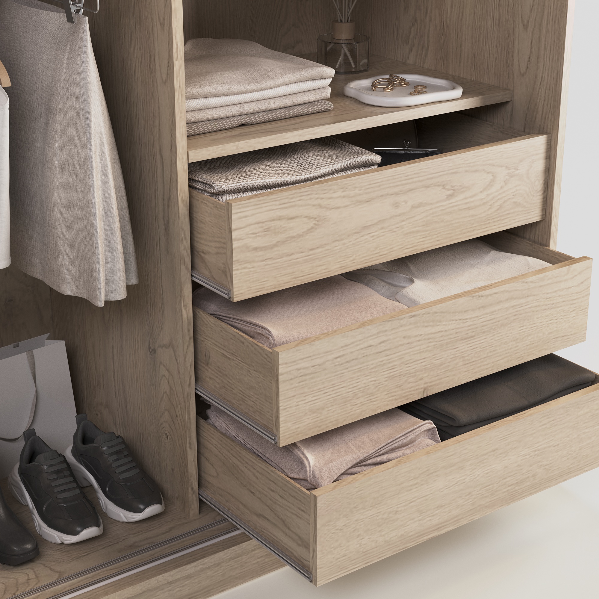 Szafa przesuwna ADAPTE 140 / 215 z półkami i drążkami - Dąb bielony szafualdy_detal