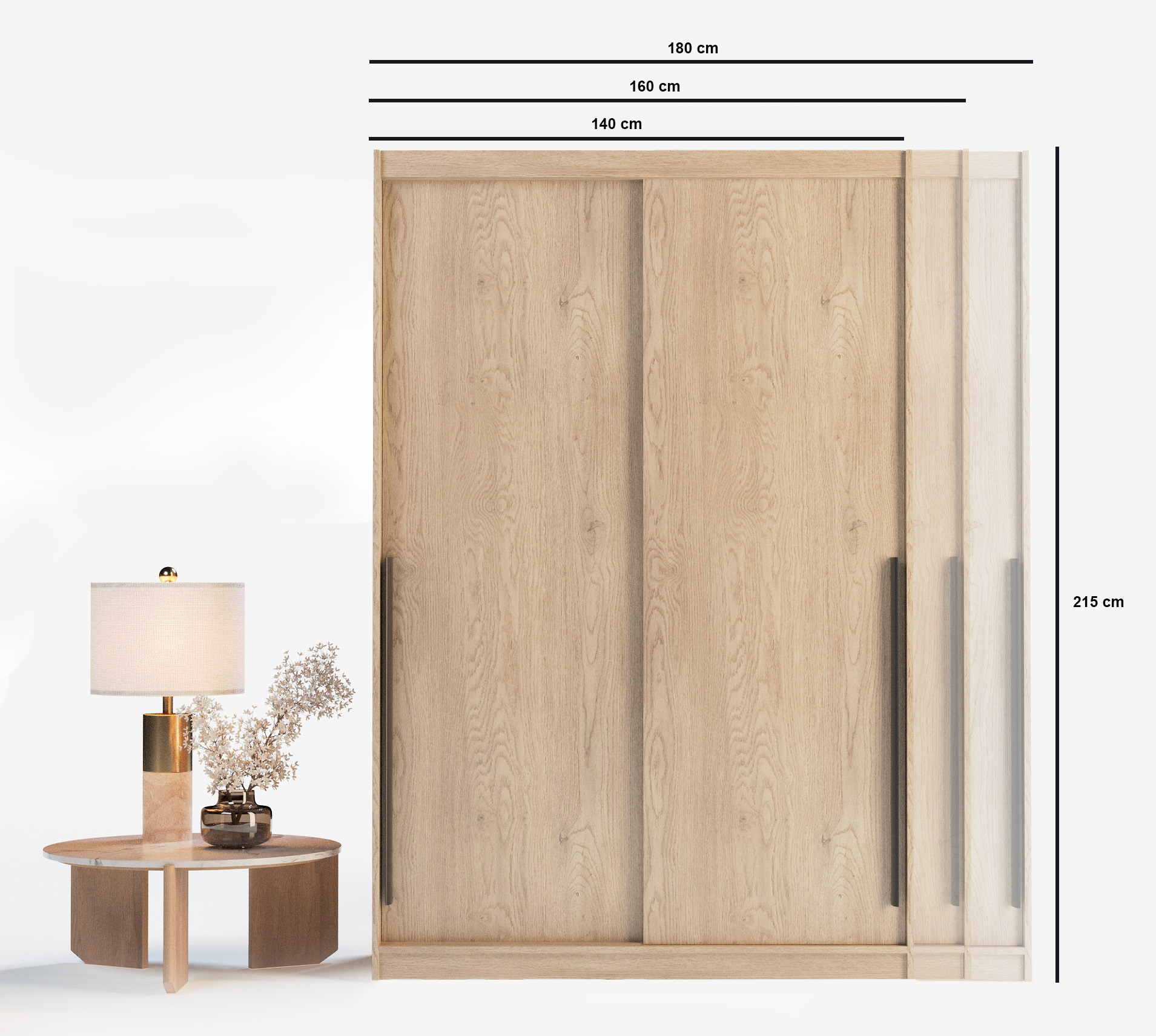 Szafa przesuwna ADAPTE 140 / 215 z półkami i drążkami - Dąb bielony szerokosci