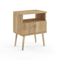 Stolik nocny BOHO z szufladą na wysokich drewnianych nogach - Dąb Craft złoty