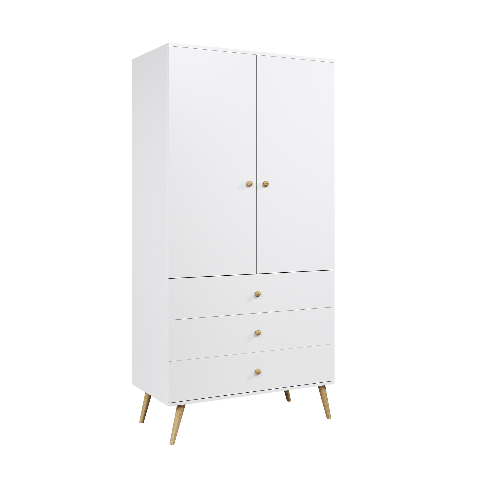 Szafa głęboka BOHO z szufladami i drążkiem na drewnianych nogach 202/100/52 - Biały mat BSZ3S_M_pokoj