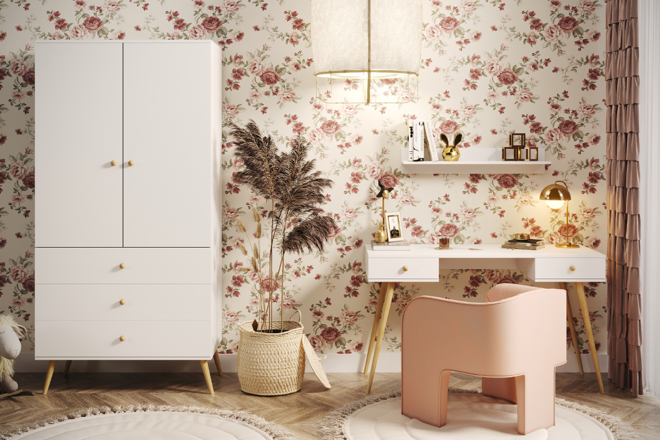 Szafa głęboka BOHO z szufladami i drążkiem na drewnianych nogach 202/100/52 - Biały mat BSZ3S_M_pokoj